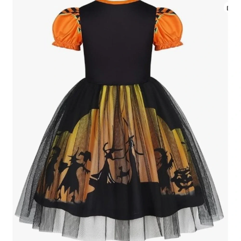 Halloween Pumpkin Witch Costume‎ Dress Kids 3T-4T Orange Tulle Party NEW